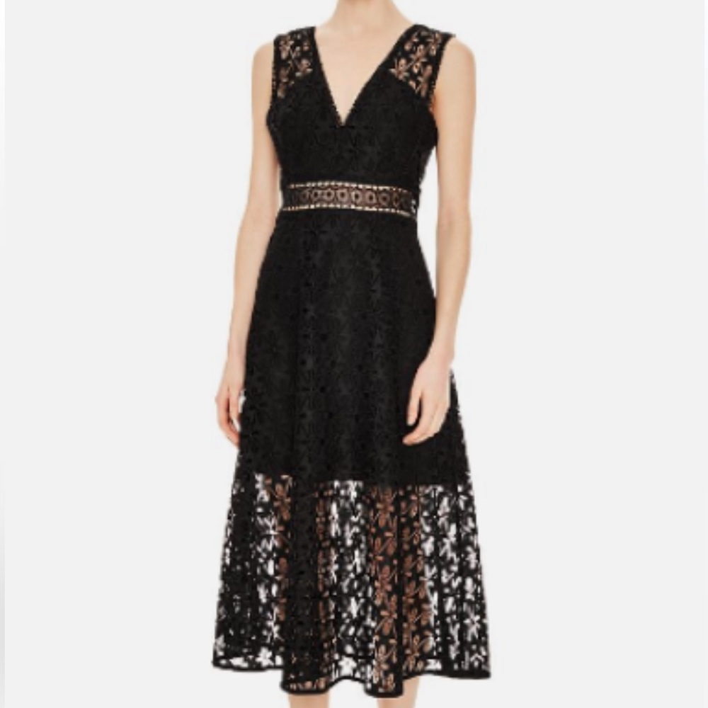 Sandro Guipure Sleeveless Black Lace Paneled Midi Dress Sheer Midriff